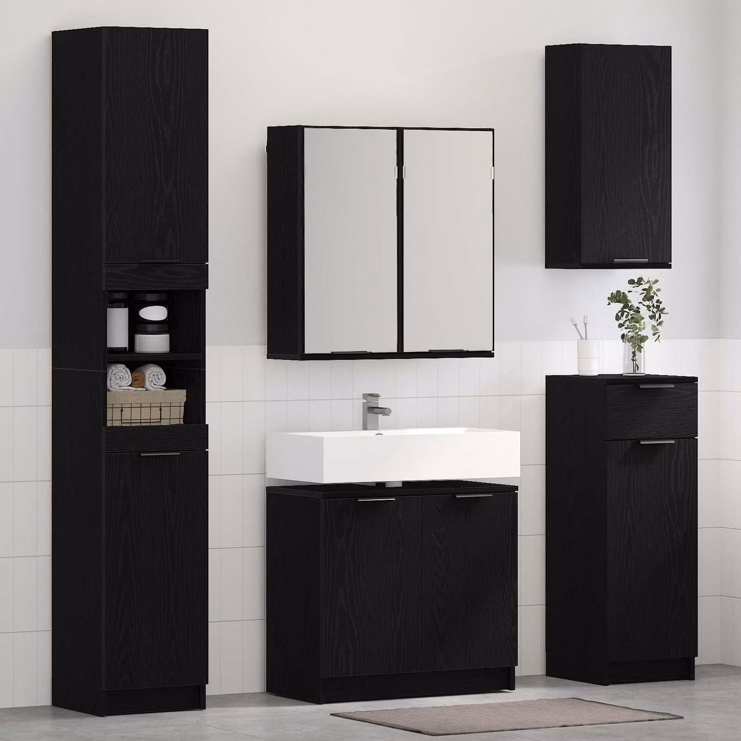 Set di mobili per il bagno moderno vidaXL composto da mobile lavabo, armadietto con specchio e pensile, colore nero, L/P/H: 64,5 x 33,5 x 59 cm