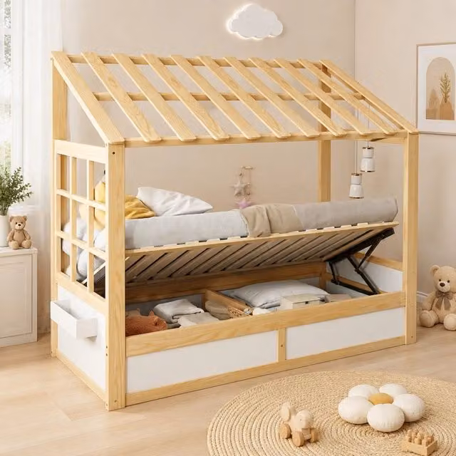 Letto per bambini 90 x 200 cm con tetto; vano contenitore idraulico e ripiani laterali; bianco e naturale