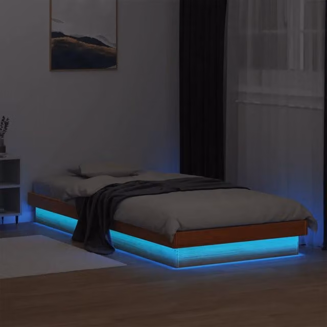 Letto singolo vidaXL in legno massello di pino con illuminazione LED e porta USB, colore marrone cera, L: 194 cm, P: 78,5 cm, H: 21 cm