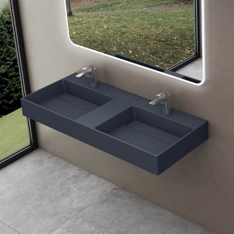 doporro Lavabo doppio Sospeso Lavabo da Appoggio Rettangolare in Marmo Resina Antracite Opaco, Vasca Doppia 120x48x13 cm con 2 Fori Rubinetto e Piletta Scarico, Colossum12