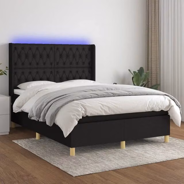 Letto a molle con materasso vidaXL in tessuto nero con illuminazione LED e porta USB L/P/H: 190 x 140 x 128 cm