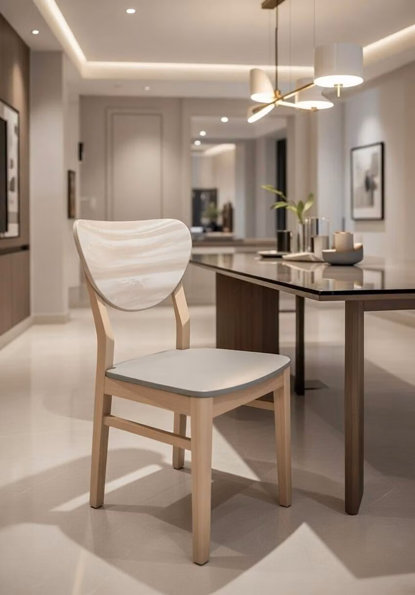 Sedia in legno confortevole con seduta bianca, ideale per la sala da pranzo