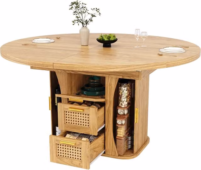 Tavolo da pranzo allungabile da 118 a 158 cm con cassetti effetto rattan; MDF; effetto legno naturale