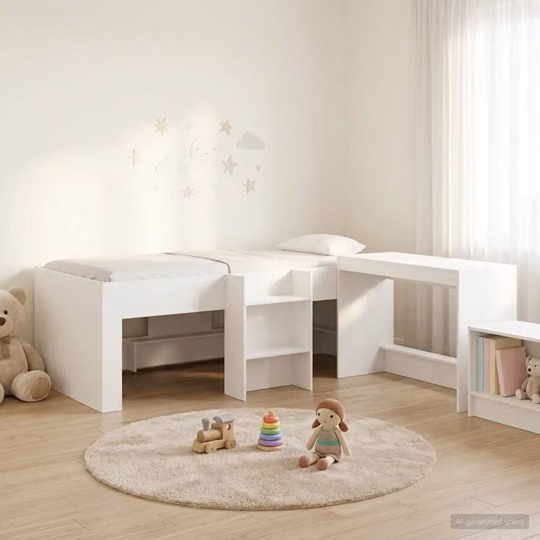 Letto alto per bambini con scrivania vidaXL, Bianco, L/P/H: 193 x 90 x 111 cm
