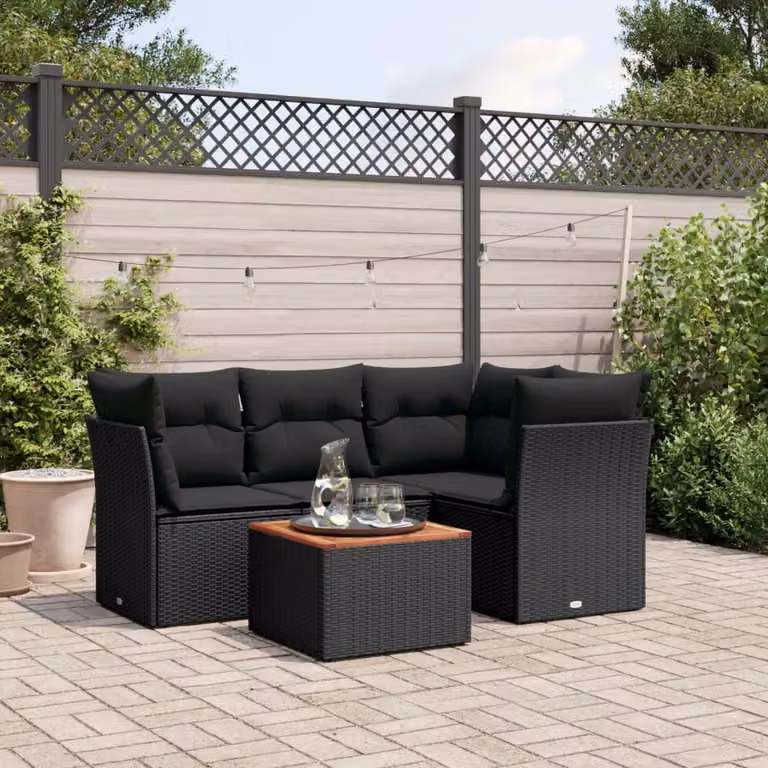 vidaXL Set Divani da Giardino 5 pz in Polyrattan Nero con Cuscini e Tavolino da Esterno