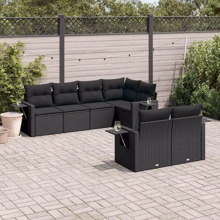 Set Divani da Giardino a L vidaXL in Polyrattan Nero con 7 Cuscini e Tavolino