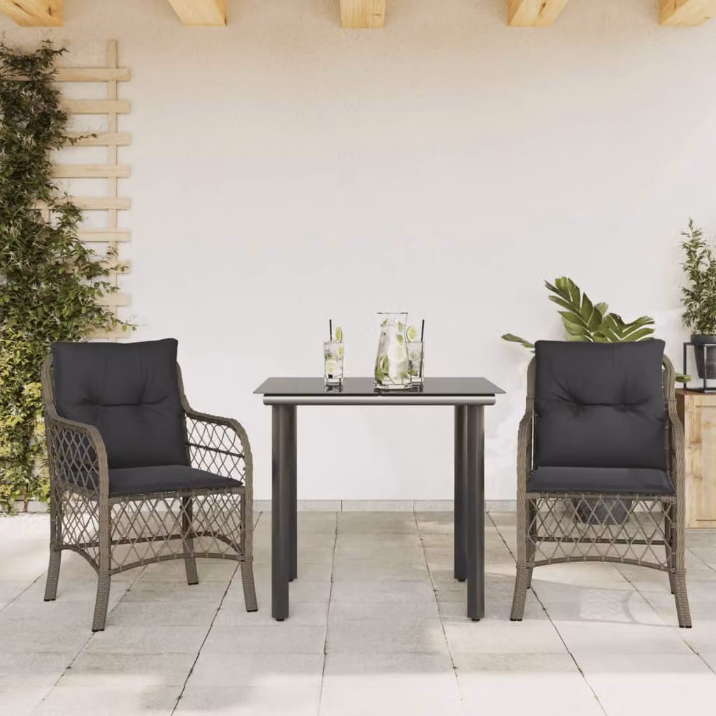 Set da Bistrò vidaXL 3 pz in Polyrattan con Cuscini Grigio e Nero per Giardino e Balcone – 1