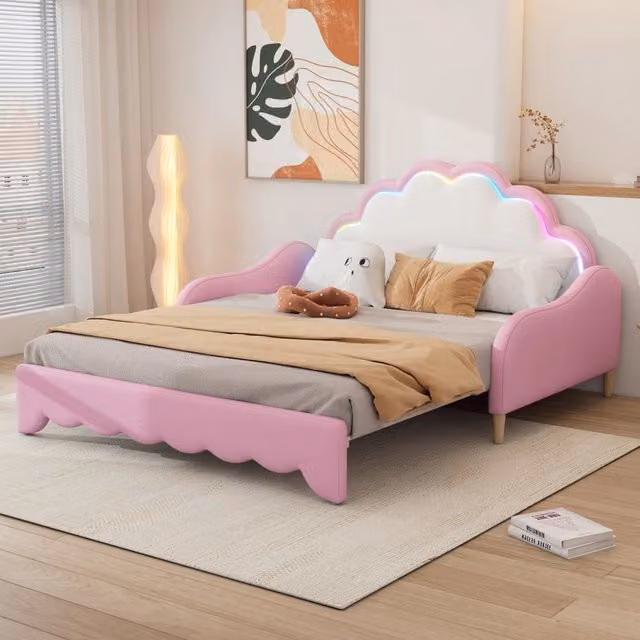 Divano letto trasformabile REDOM in ecopelle rosa con illuminazione LED sotto il letto, L 140 x P 200 cm