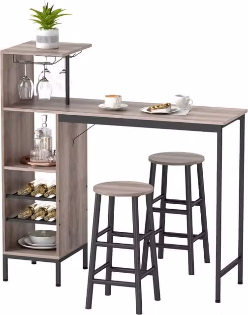 Set tavolo da bar XYLO con 3 sgabelli grigio e portabottiglie in stile industrial