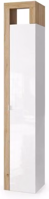 Colonna da bagno, 1 porta, 5 ripiani, collezione BURA. Colori bianco lucido laccato e rovere chiaro