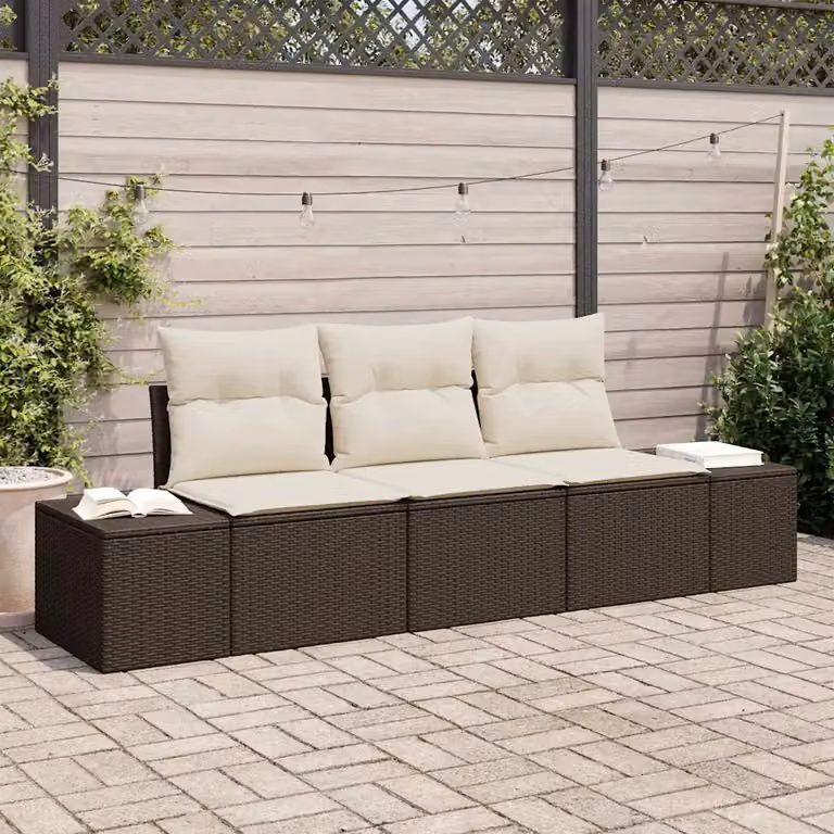 Set di divani da giardino vidaXL in rattan marrone con cuscini e pouf in metallo e tessuto resistente ai raggi UV
