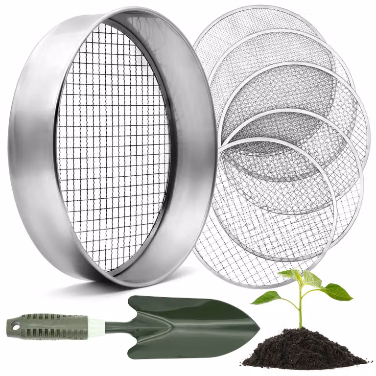 Setaccio da giardino da 30 cm, con 5 setacci intercambiabili, in acciaio inossidabile, completo di paletta da giardino, ideale per la terra