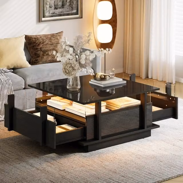 Tavolino basso fisso quadrato con 2 cassetti; LED e divisori in acrilico trasparente nero 70 × 70 × 35 cm
