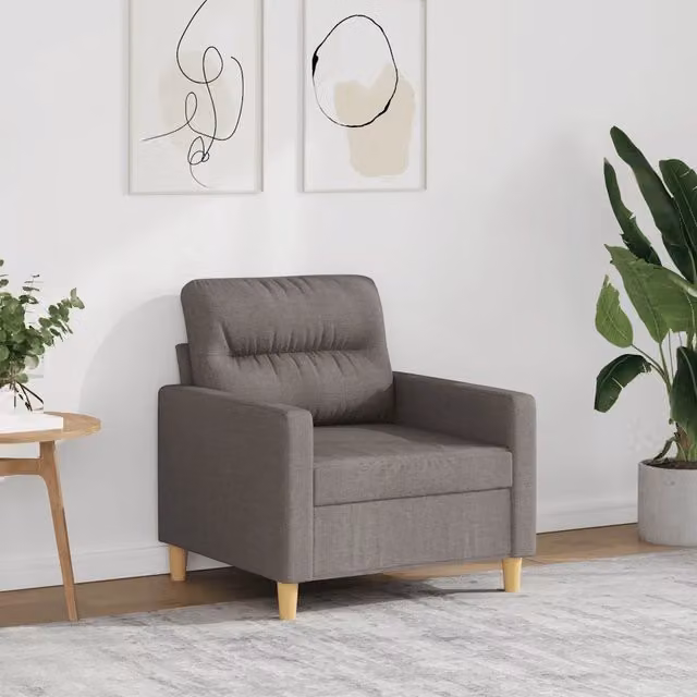 Poltrona moderna in tessuto beige e grigio con struttura in metallo e braccioli 108402 – 1