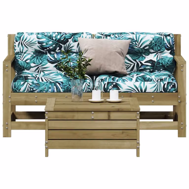 Set da giardino vidaXL in legno di pino marrone con divano a 2 posti, pouf e cuscini decorativi a fantasia floreale