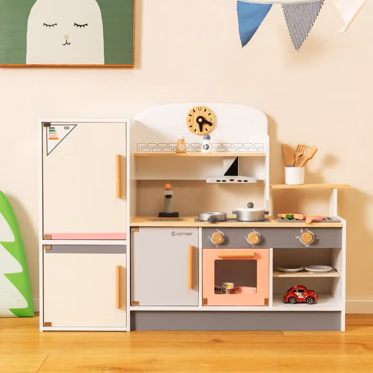 Set da cucina giocattolo in legno Costway con frigorifero e lavandino, colore bianco, per bambini dai 3 anni in su