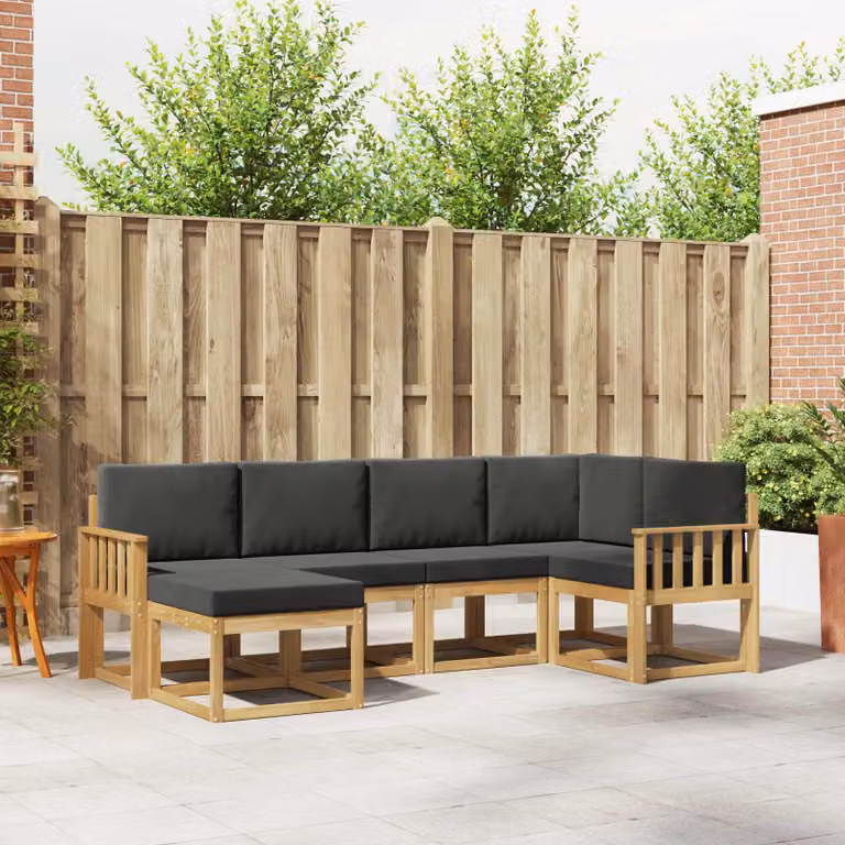 Set di divani da esterno vidaXL a forma di L composto da 6 pezzi in legno di acacia con cuscini inclusi, colore bianco e antracite
