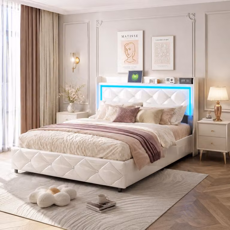 INONEFT, Letto idraulico 140 x 200 cm, letto imbottito, letto matrimoniale con LED e USB, letto per adulti con testiera dotata di chiusura a cristallo, rivestito in PU, colore bianco