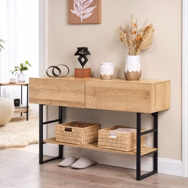 Tavolo Consolle Varberg en.casa con Cassetti e Ripiano, Effetto Rovere, L: 120 cm, P: 30 cm, H: 75 cm – 1
