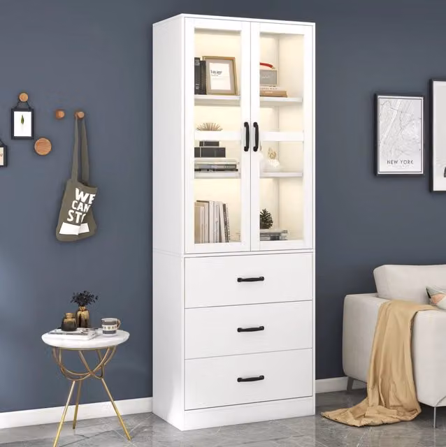 Vetrina alta MODFU bianca in MDF con ante in vetro, illuminazione LED integrata e ripiani regolabili, Altezza: 200 cm