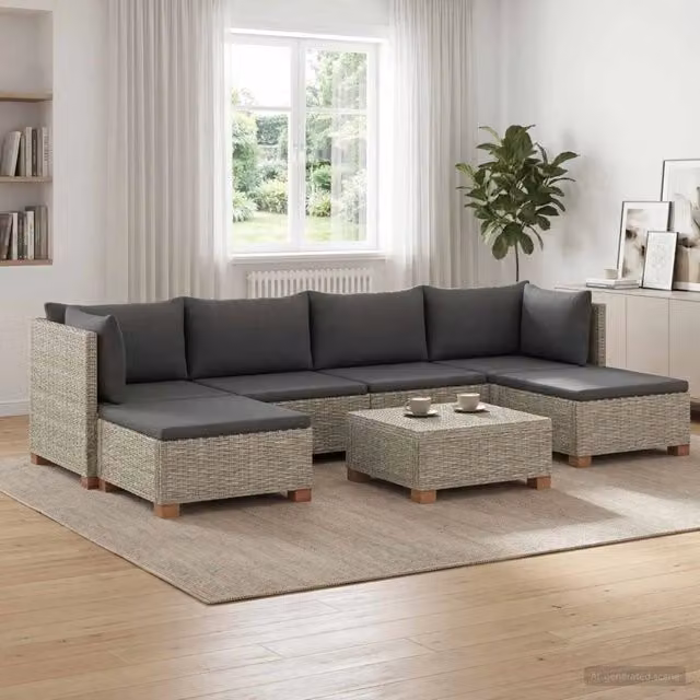 Set Lounge da Giardino a Forma di L vidaXL in Polyrattan con Cuscini Grigi e Tavolino da Esterno, 7 Pezzi