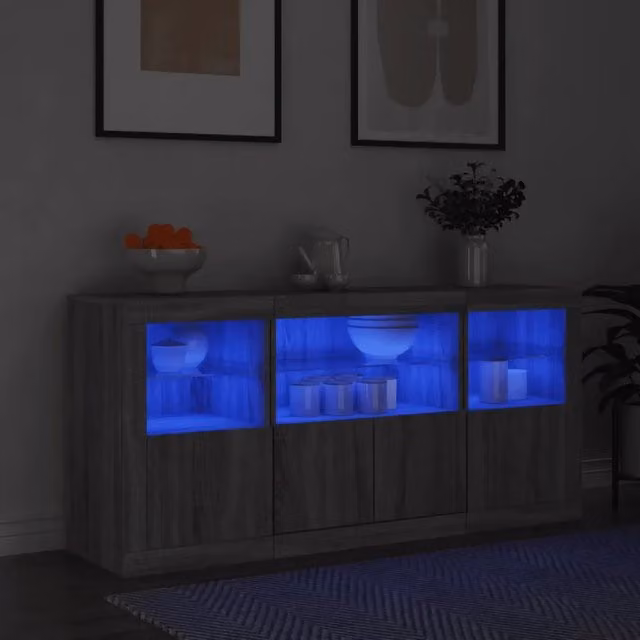 Credenza con Luci LED-Buffet-Armadio da cucina Grigio Sonoma 142,5x37x67 cm 141671