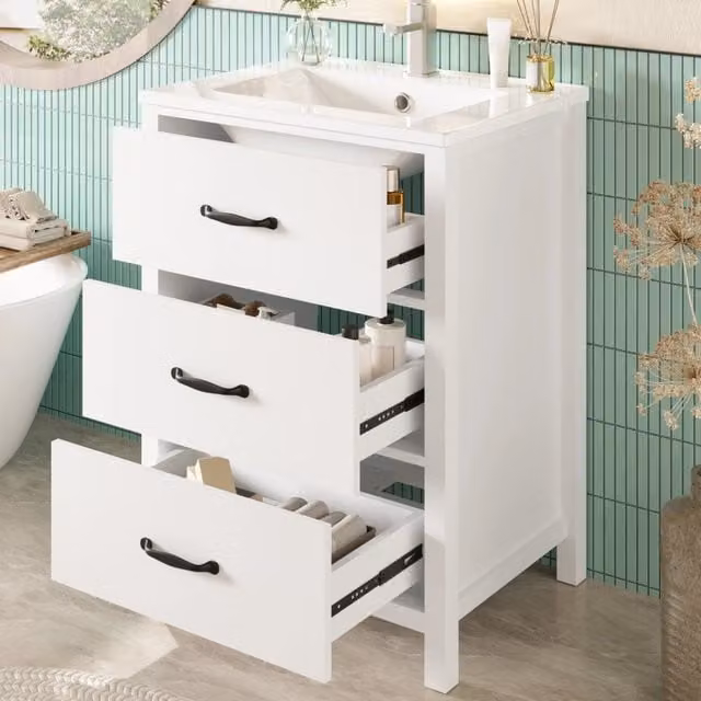 Mobile sottolavabo OKWISH per bagno con lavabo in ceramica, bianco, L: 61 cm, P: 47 cm, H: 83 cm