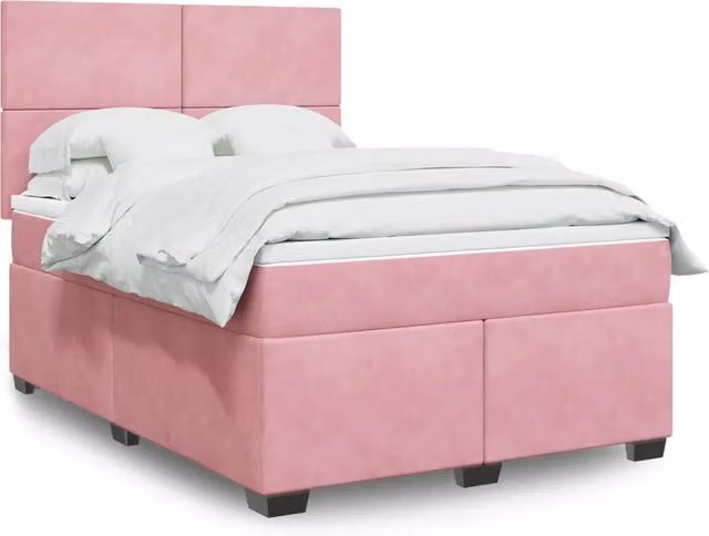Letto con Giroletto a Molle e Materasso Ibrido vidaXL in Velluto Rosa e Bianco L/P: 160 x 200 cm