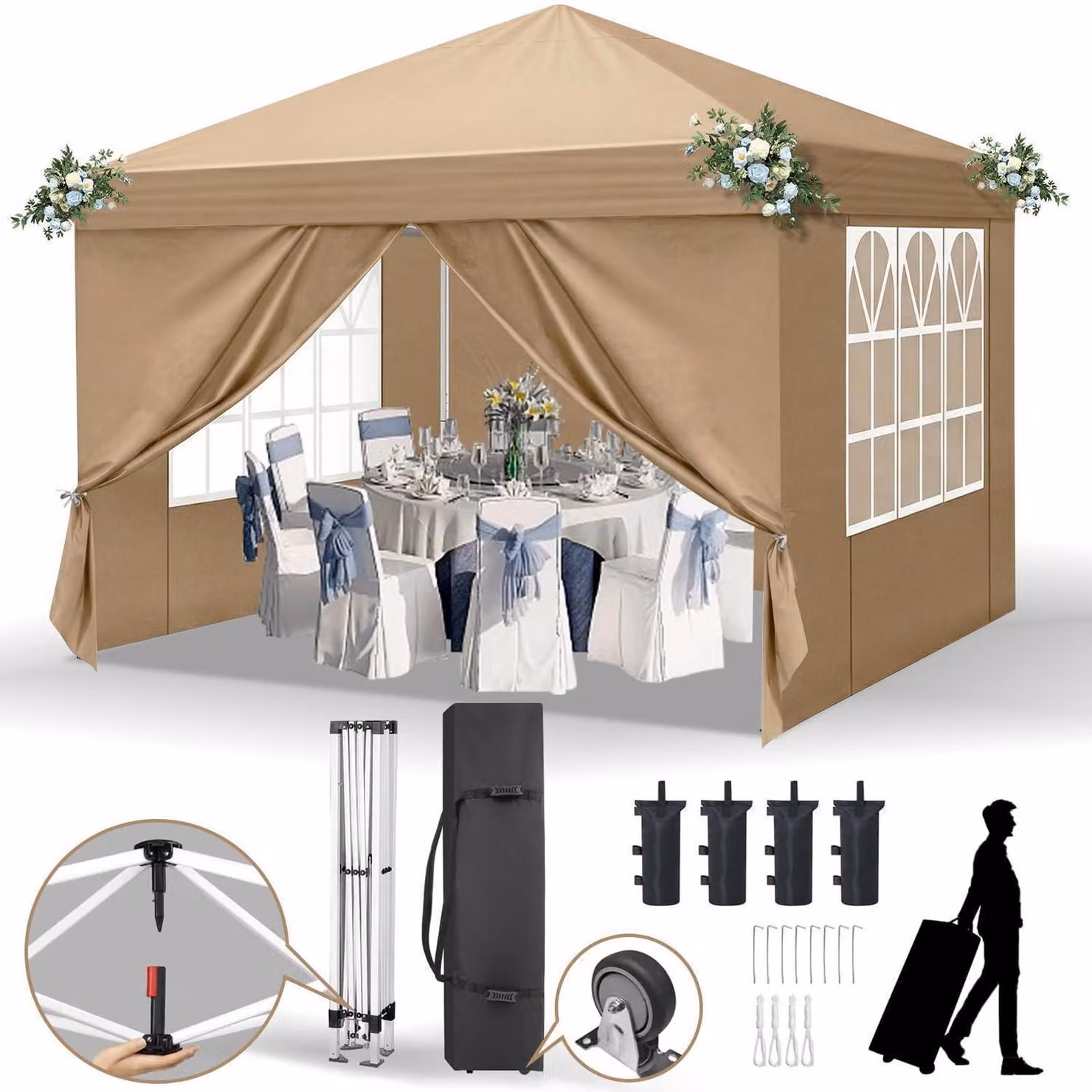 Gazebo da esterno 3x3 metri, color kaki, con 4 pannelli laterali, impermeabile, protezione UV 50+