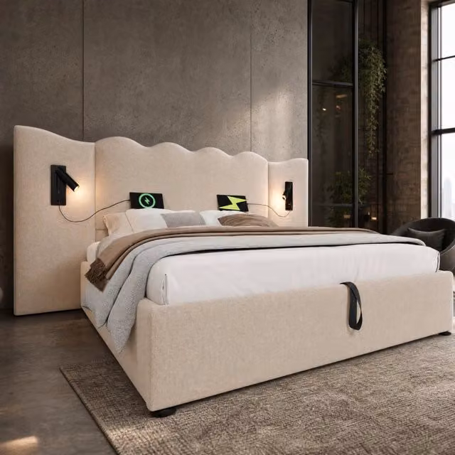 Letto matrimoniale contenitore 160x200 cm con lampada da lettura; USB e USB-C; beige in lino