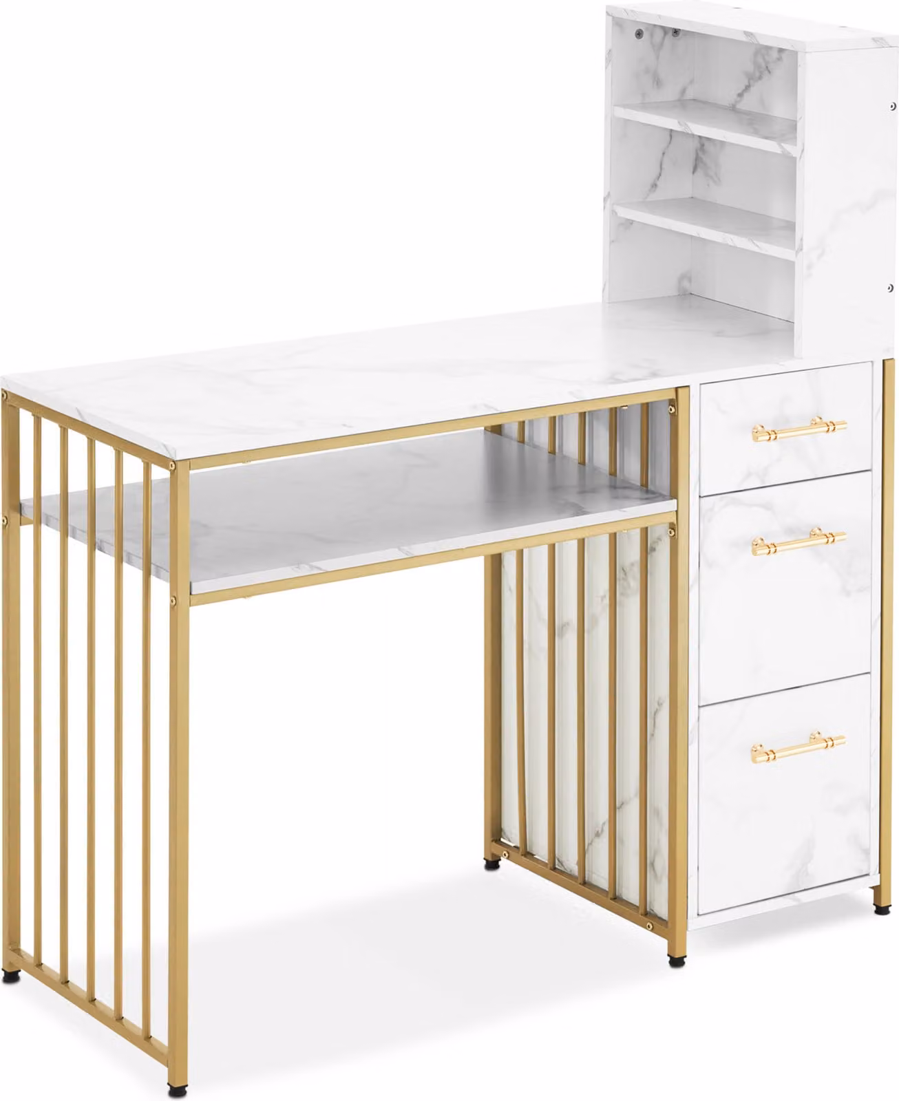 M MCombo scrivania con 3 cassetti, tavolo per unghie in legno con struttura in metallo, tavolo per manicure in marmo-bianco oro, toletta senza specchio moderna, scrivania per computer con scaffale da soggiorno, 43x108x125cm, 2420