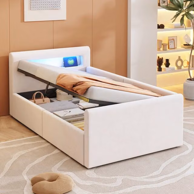 Letto imbottito per bambini REDOM in velluto beige con contenitore, luci LED e porta USB, L/P/H: 90 x 200 cm