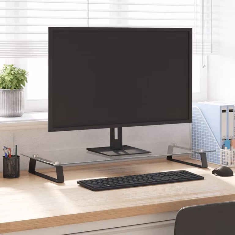 vidaXL Supporto per Monitor in Vetro Temperato e Metallo, Nero e Trasparente, L 80 x P 35 x H 8 cm