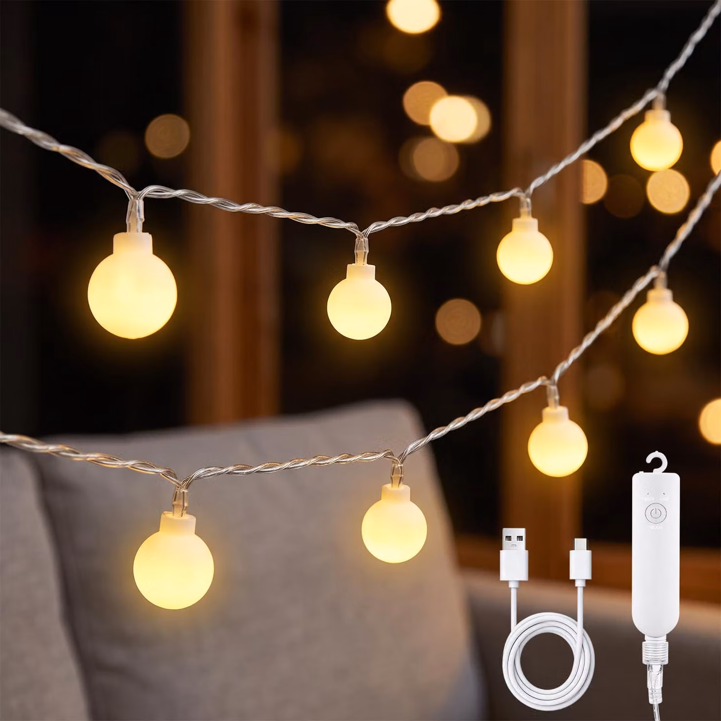 Catena luminosa a LED, 5 metri, 50 sfere bianco caldo, alimentazione a batteria, timer, grado di protezione IP44