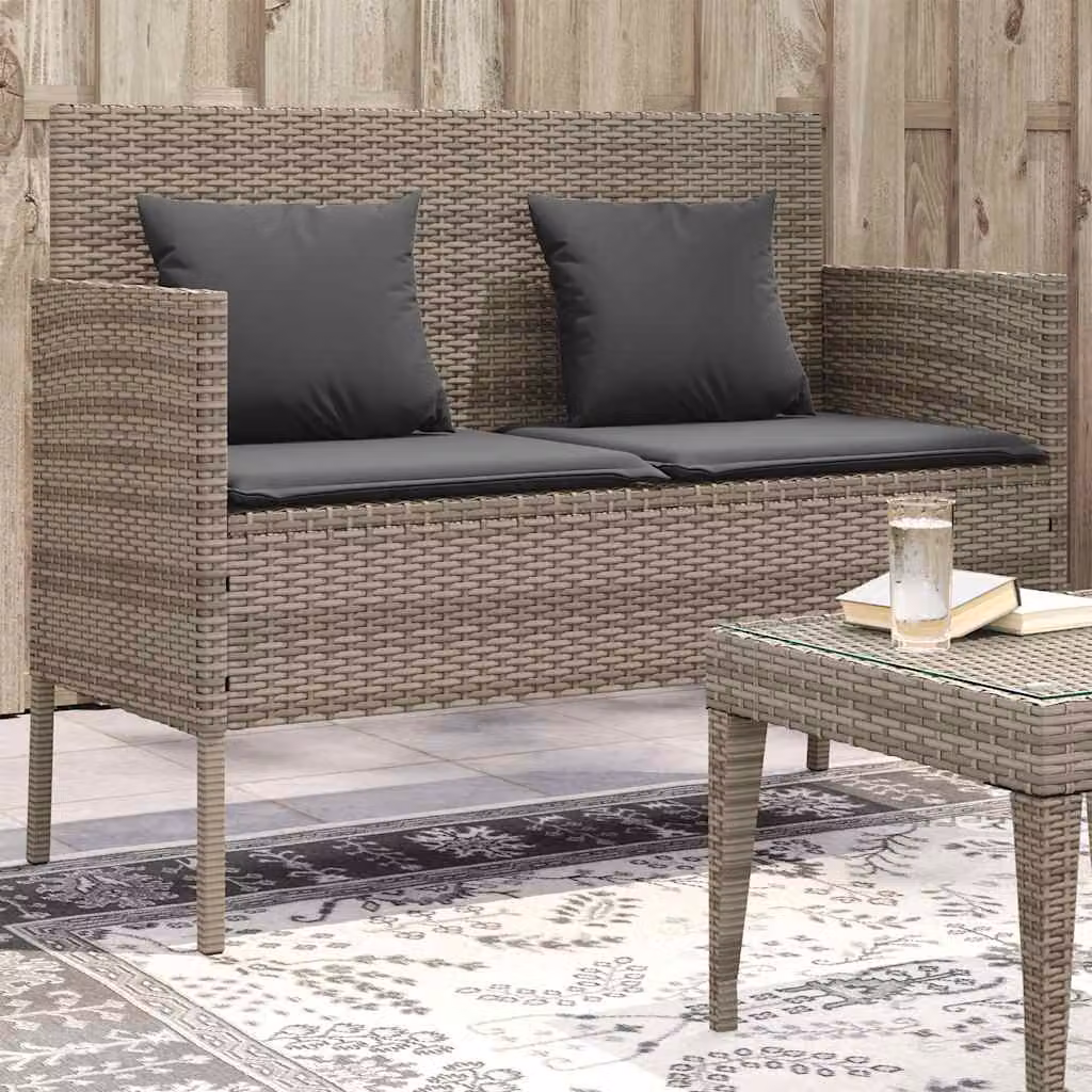 Panca da giardino moderna vidaXL in polyrattan grigia con cuscini L: 113 cm, P: 61 cm, H: 87 cm