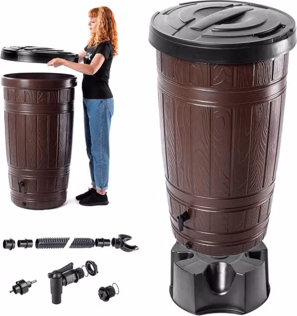 Serbatoio per acqua piovana KADAX da 265 litri con rubinetto e supporto.