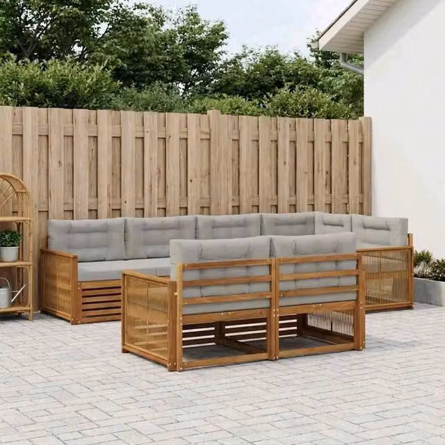 Set di divani da esterno 7 pezzi vidaXL in legno di acacia con cuscini beige e grigi per giardino e terrazza – 1