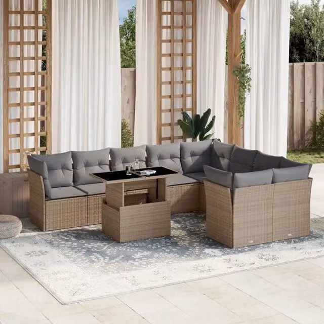 Set Divano da Giardino 10 Pezzi vidaXL con Cuscini Beige e Tavolino in Polyrattan e Metallo