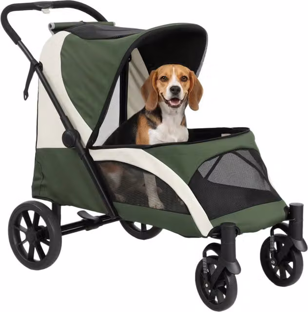 Passeggino per cani pieghevole a 4 ruote, carrello per animali domestici fino a 25 kg con freni, verde scuro