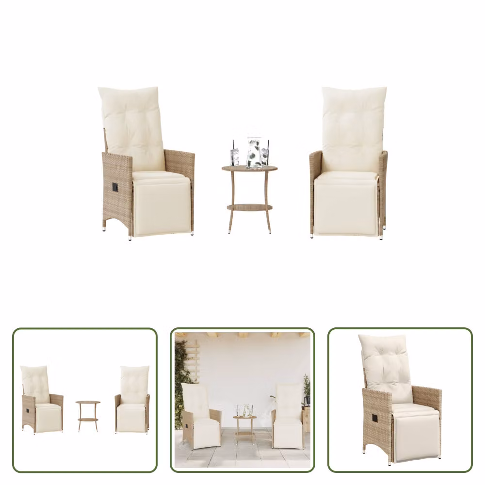 The Living Store Set da bistrot 3 pezzi con cuscini Beige poly rattan