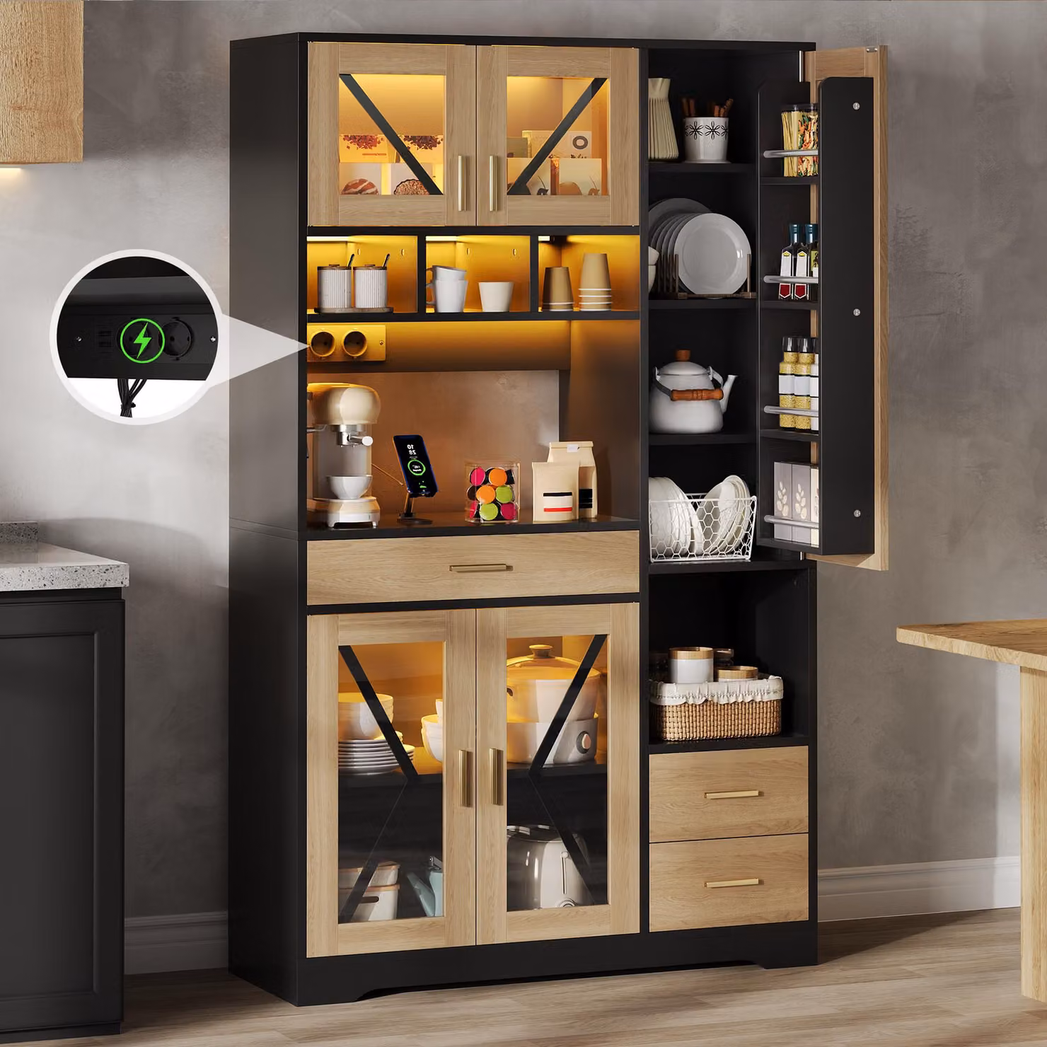 MODFU Mobile da cucina con 3 cassetti e ripiani aperti Mobile alto con prese elettriche e illuminazione a LED Mobile contenitore con ripiano per spezie e ripiani regolabili Finitura naturale