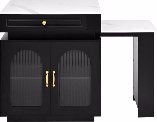 Isola Cucina con Ruote e Tavolo da Pranzo Allungabile; Tavolo Bar con Prese e LED; Nero
