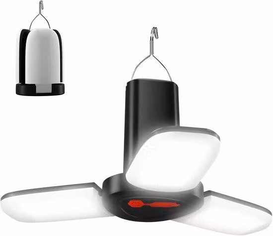 Lampada da campeggio LED portatile e pieghevole Unyqoos®, ricaricabile tramite USB, con 3 modalità di illuminazione (luminosa, attenuata, SOS), dimensioni 7,5x7,5x12,8 cm, peso 275 g, con gancio per appenderla
