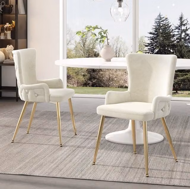 Set di 2 sedie da pranzo in velluto con gambe in metallo; beige e oro