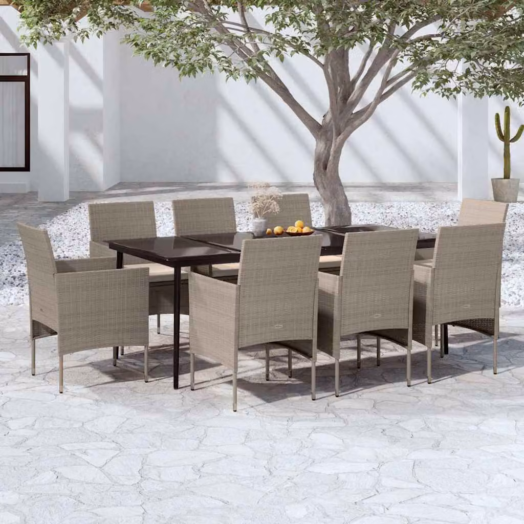 Set da pranzo da giardino vidaXL in rattan con cuscini, 9 pezzi, beige e nero