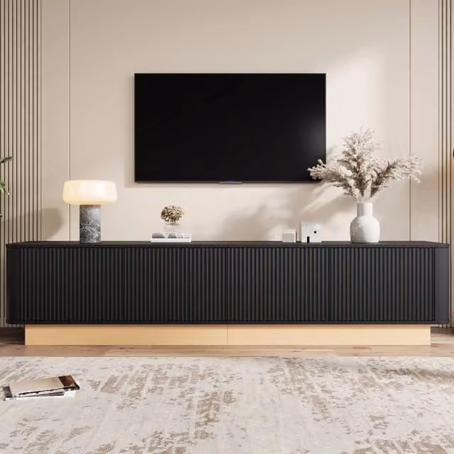 Desviae Mobile porta TV a quattro ante con ripiani regolabili e passacavi in MDF nero per soggiorno 200 × 40 × 47,5 cm