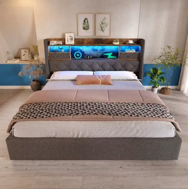 Letto matrimoniale contenitore MODFU in tessuto grigio con illuminazione LED, porte USB e USB-C, L/P: 140 x 200 cm