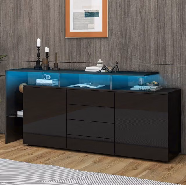 Sideboard moderno 160 cm con LED; USB; 4 cassetti e ante lucide; nero
