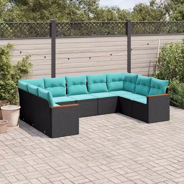 Set di divani da giardino a forma di U vidaXL in rattan e metallo con cuscini inclusi, nero, blu e turchese – 1