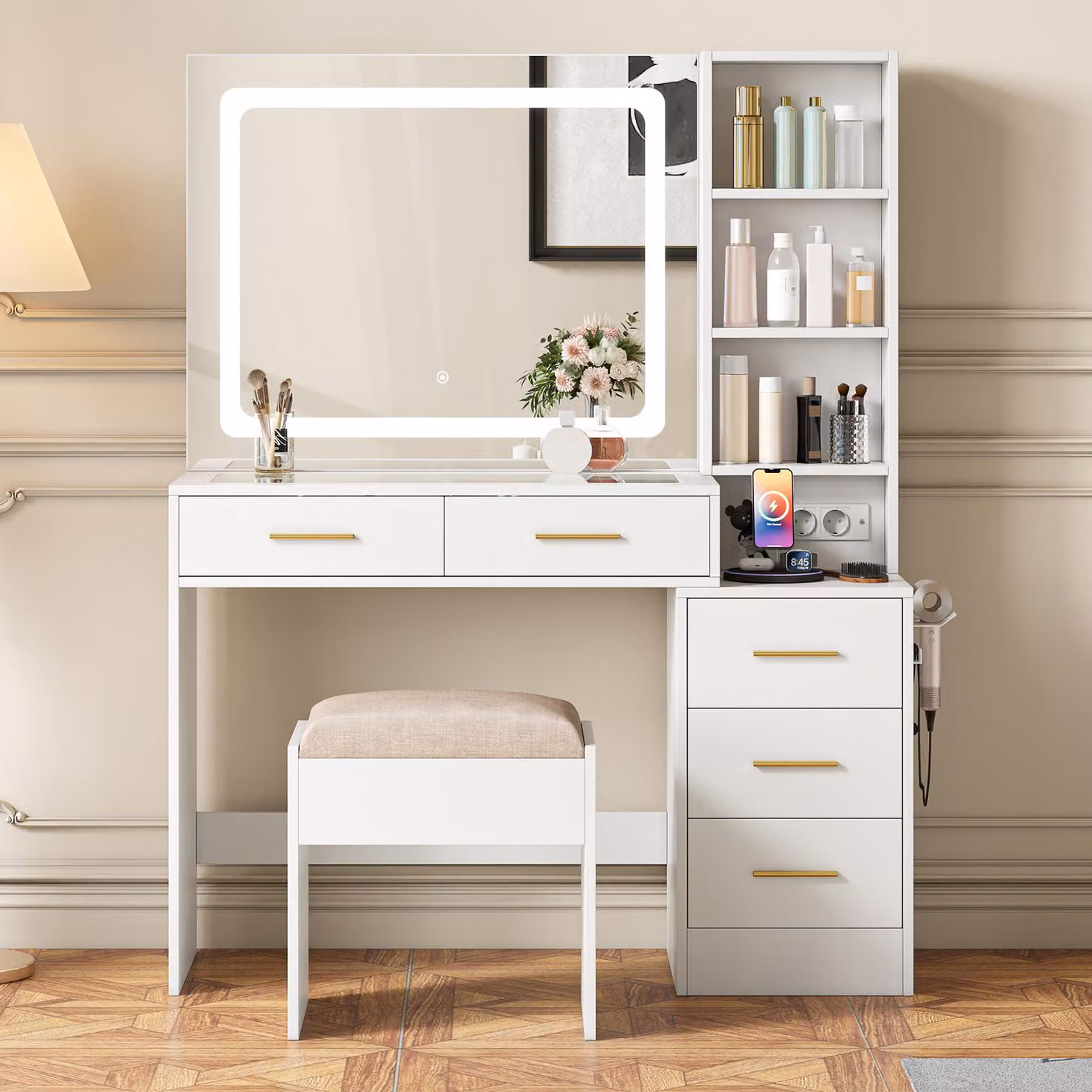 ProximaX: Tavolino da trucco bianco con specchio a LED, piano in vetro, 5 cassetti e sgabello